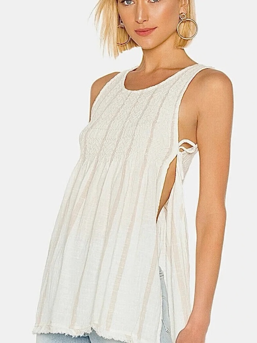 Free People Sleeveless Smocked Boho Tunic Top Side Slits 💯 Cotton Oversized